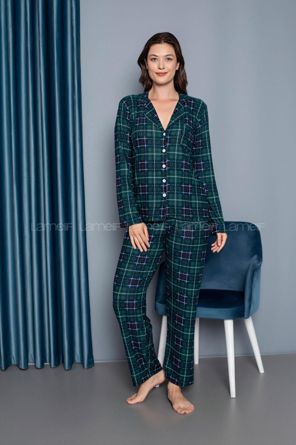 Lamelif Ekose Desenli Gömlek Yaka Pijama Seti