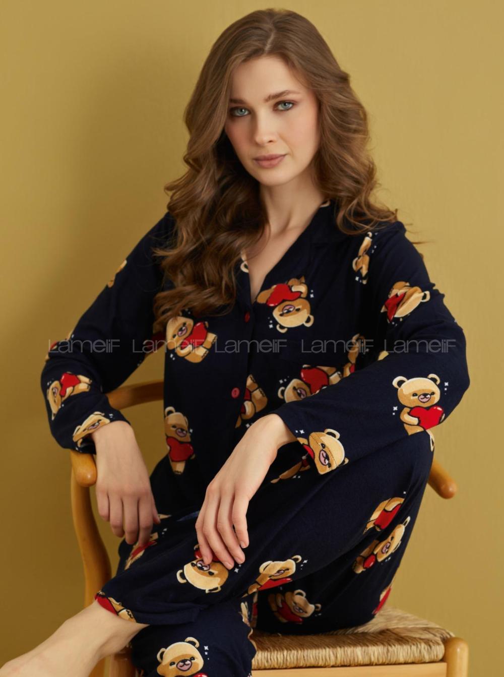 Lamelif Ayıcık Desenli Süet Kumaş Pijama Takım Seti