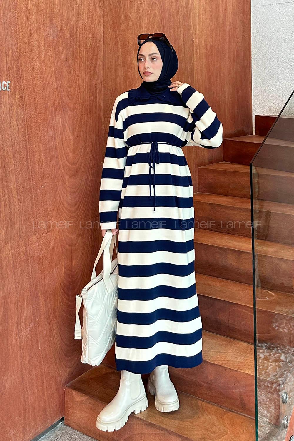 Lamelif Bebe Yaka Detaylı Çizgili Triko Tesettür Elbise Lacivert