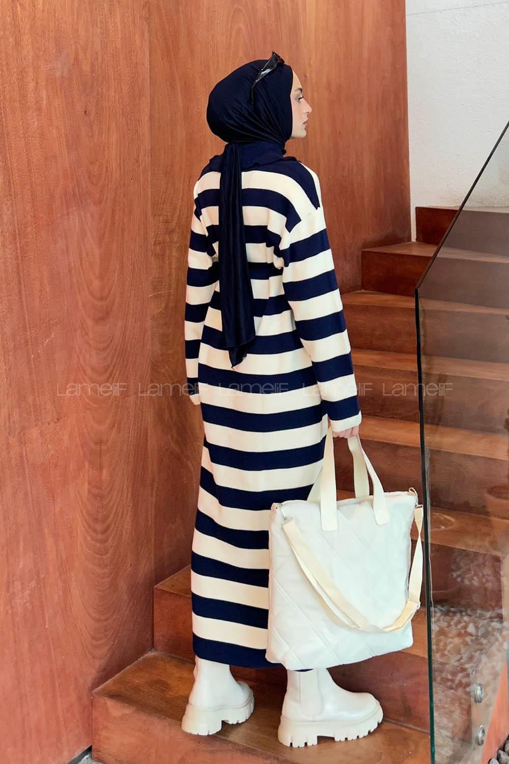 Lamelif Bebe Yaka Detaylı Çizgili Triko Tesettür Elbise Lacivert