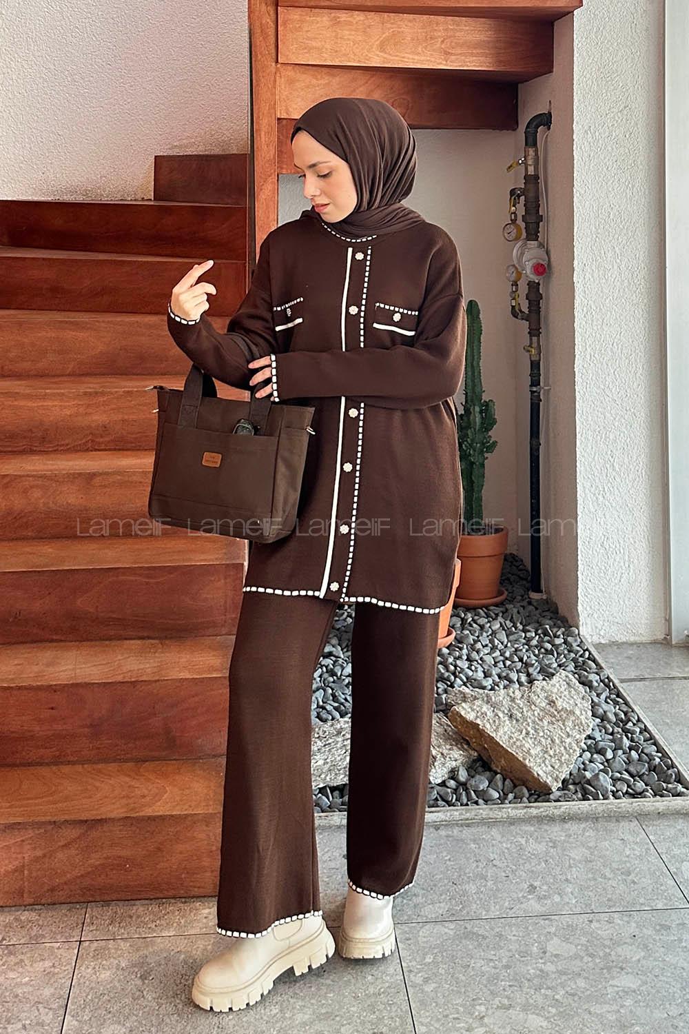 Lamelif Cep Detay Görünümlü Triko Tesettür Takım Acı Kahve