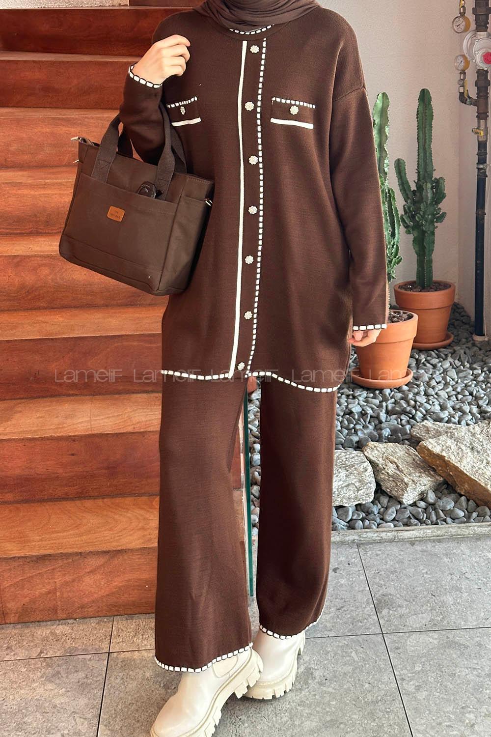 Lamelif Cep Detay Görünümlü Triko Tesettür Takım Acı Kahve
