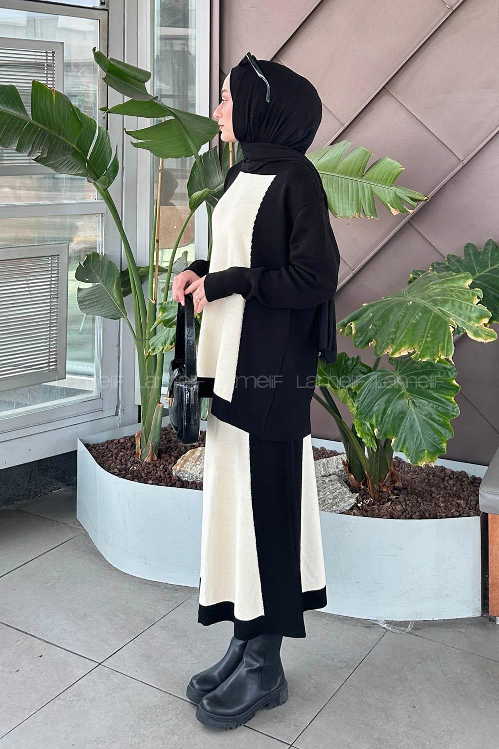 Lamelif Fitilli Kumaş Triko Tesettür Takım Siyah