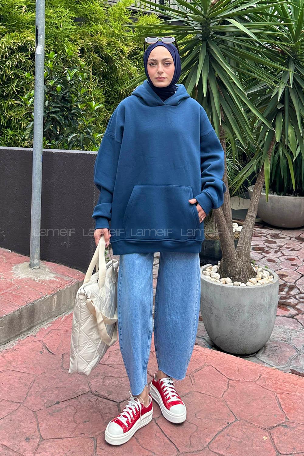 Lamelif Kapüşonlu 3 İplik Kanguru Cep Şardonlu Beli Lastikli Sweatshirt Lacivert