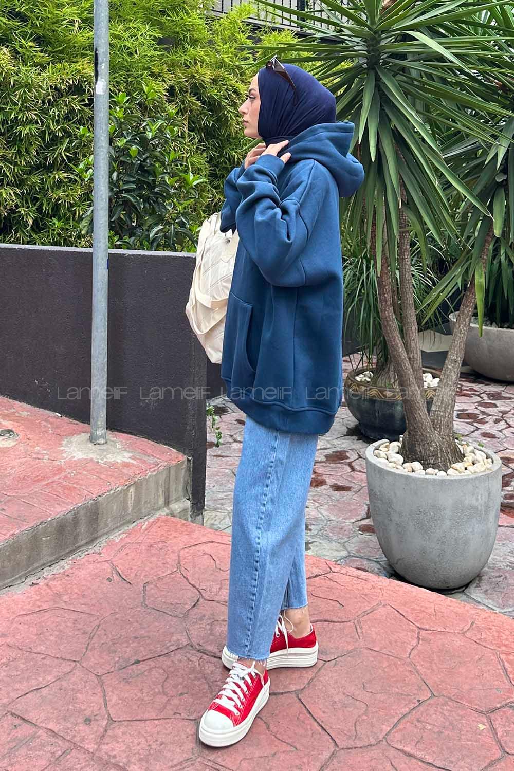 Lamelif Kapüşonlu 3 İplik Kanguru Cep Şardonlu Beli Lastikli Sweatshirt Lacivert