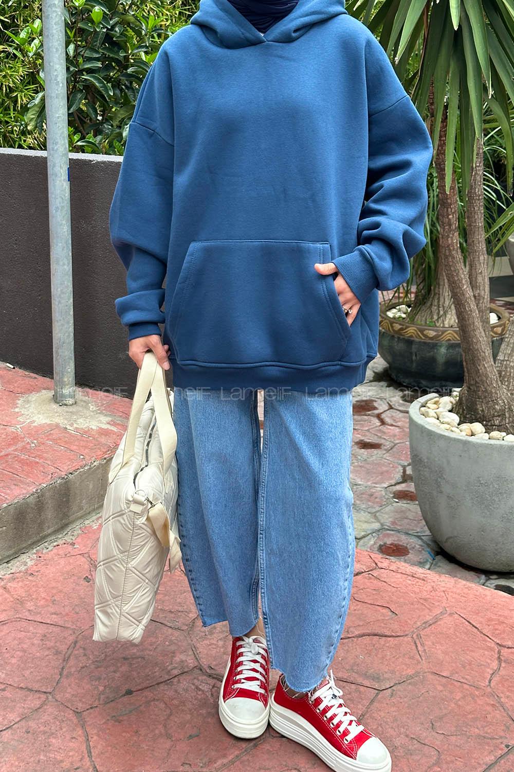 Lamelif Kapüşonlu 3 İplik Kanguru Cep Şardonlu Beli Lastikli Sweatshirt Lacivert