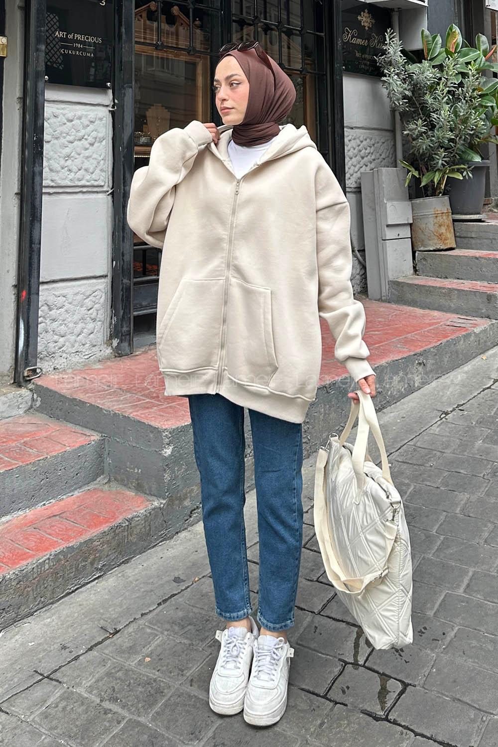 Lamelif Önü Fermuarlı Kapüşonlu 3 İplik Sweatshirt Hırka Krem