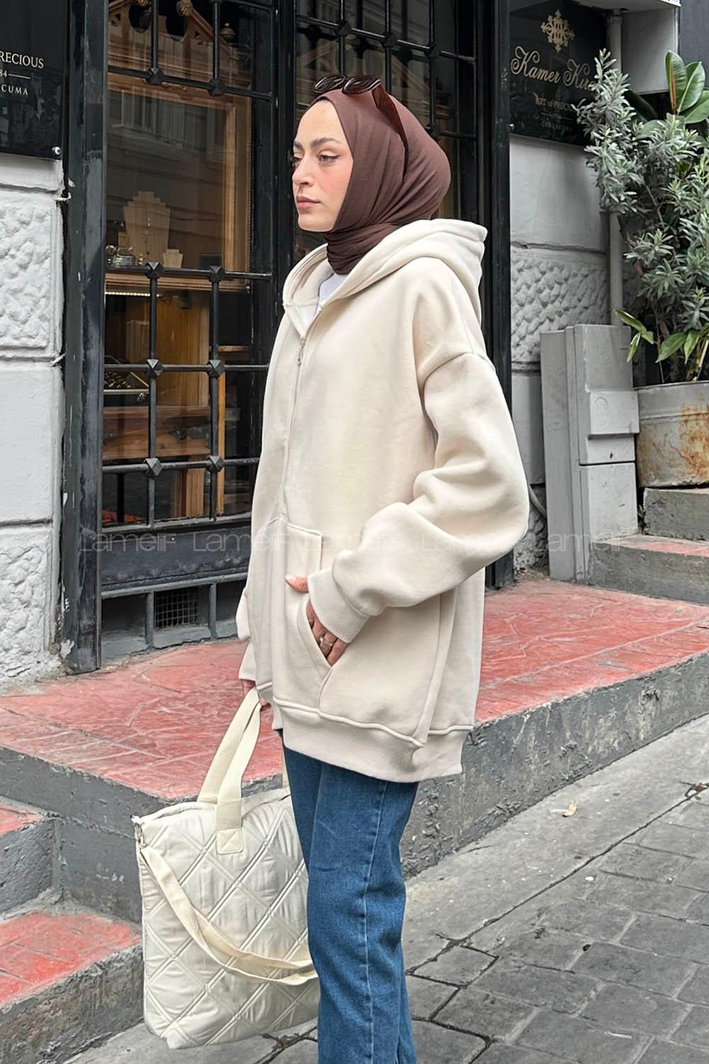 Lamelif Önü Fermuarlı Kapüşonlu 3 İplik Sweatshirt Hırka Krem