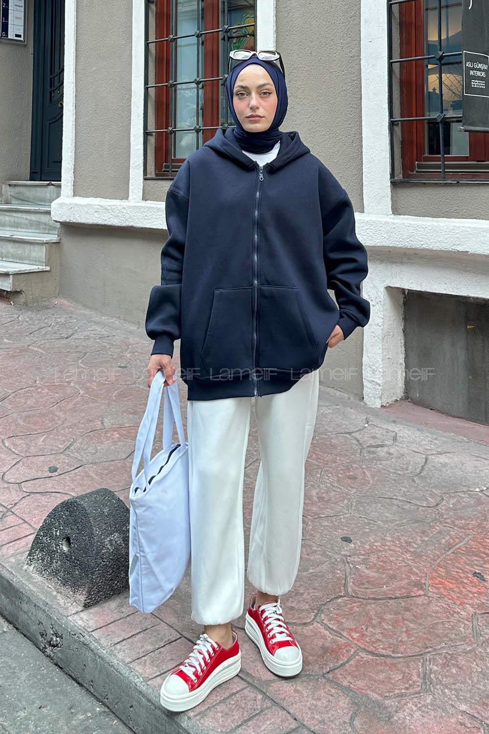 Lamelif Önü Fermuarlı Kapüşonlu 3 İplik Sweatshirt Hırka Lacivert