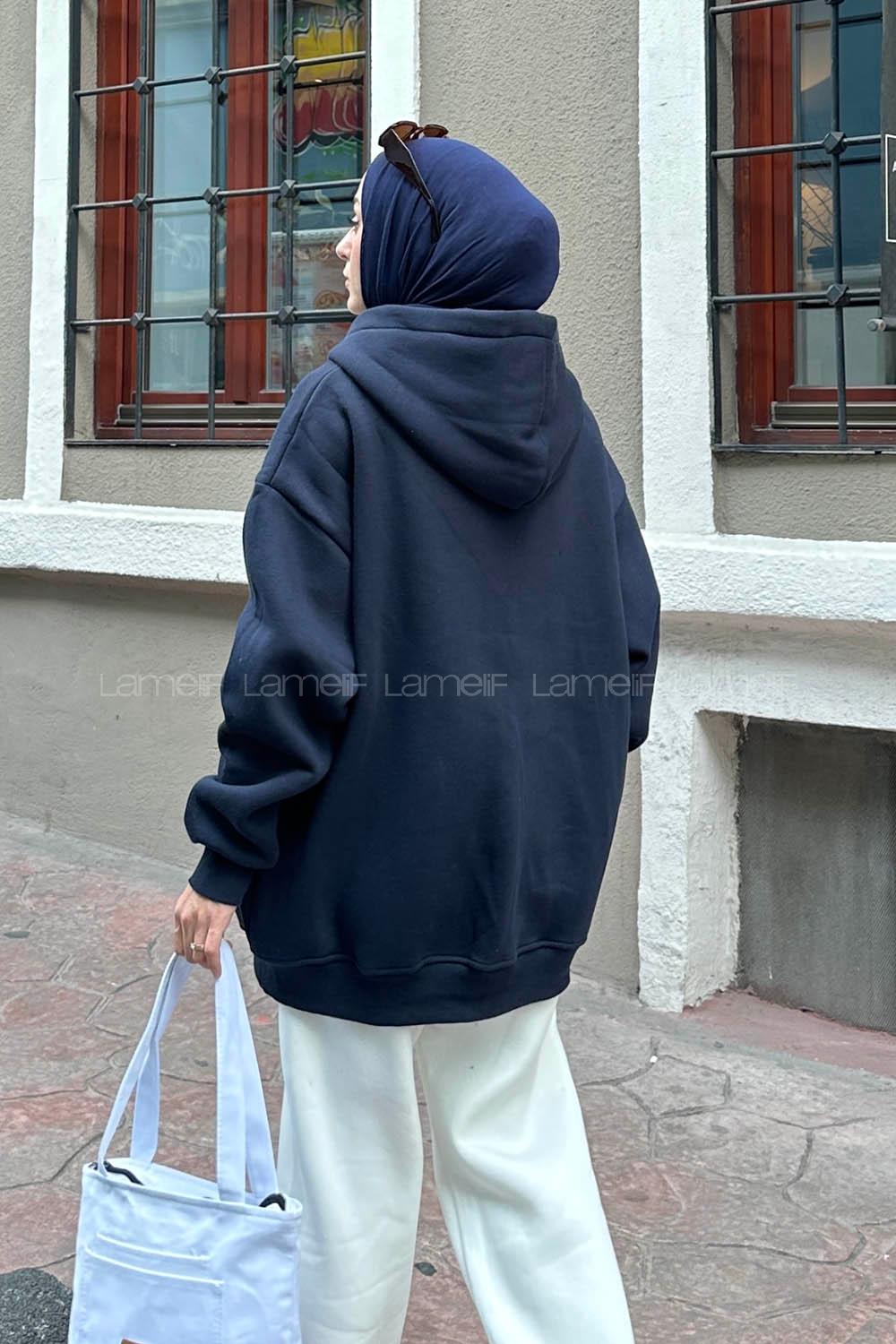Lamelif Önü Fermuarlı Kapüşonlu 3 İplik Sweatshirt Hırka Lacivert