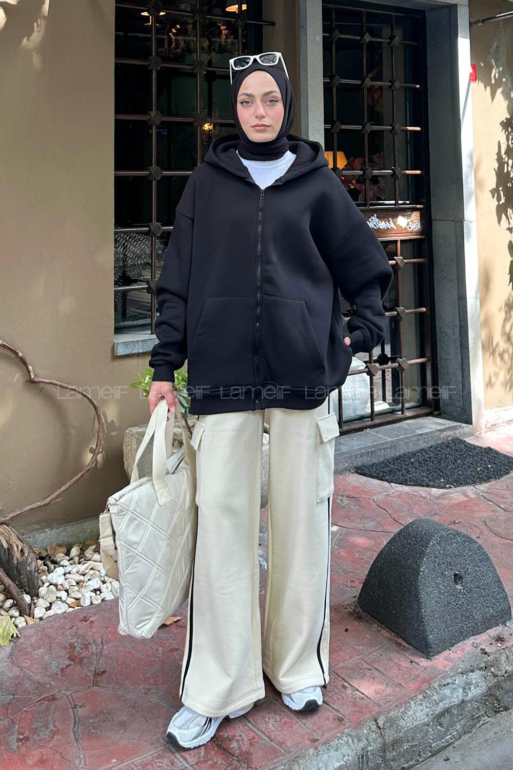 Lamelif Önü Fermuarlı Kapüşonlu 3 İplik Sweatshirt Hırka Siyah