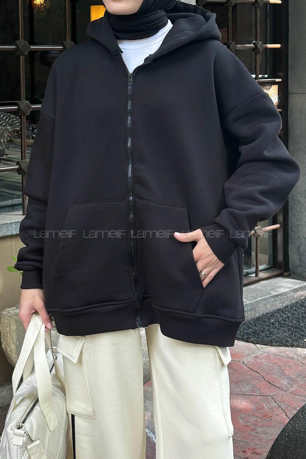 Lamelif Önü Fermuarlı Kapüşonlu 3 İplik Sweatshirt Hırka Siyah