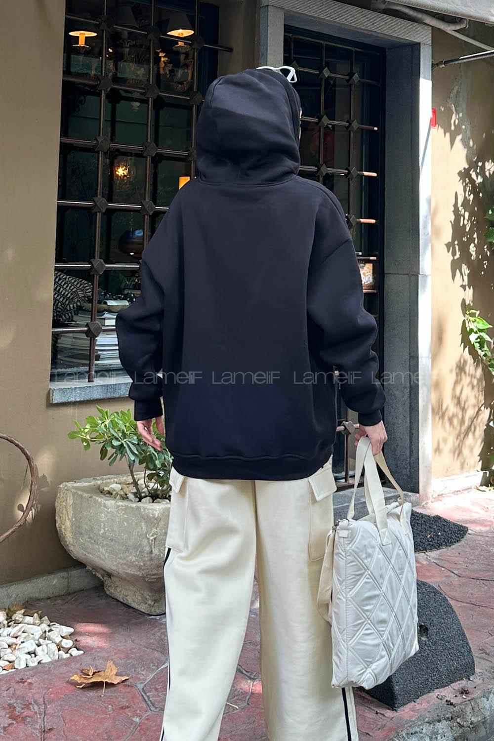 Lamelif Önü Fermuarlı Kapüşonlu 3 İplik Sweatshirt Hırka Siyah