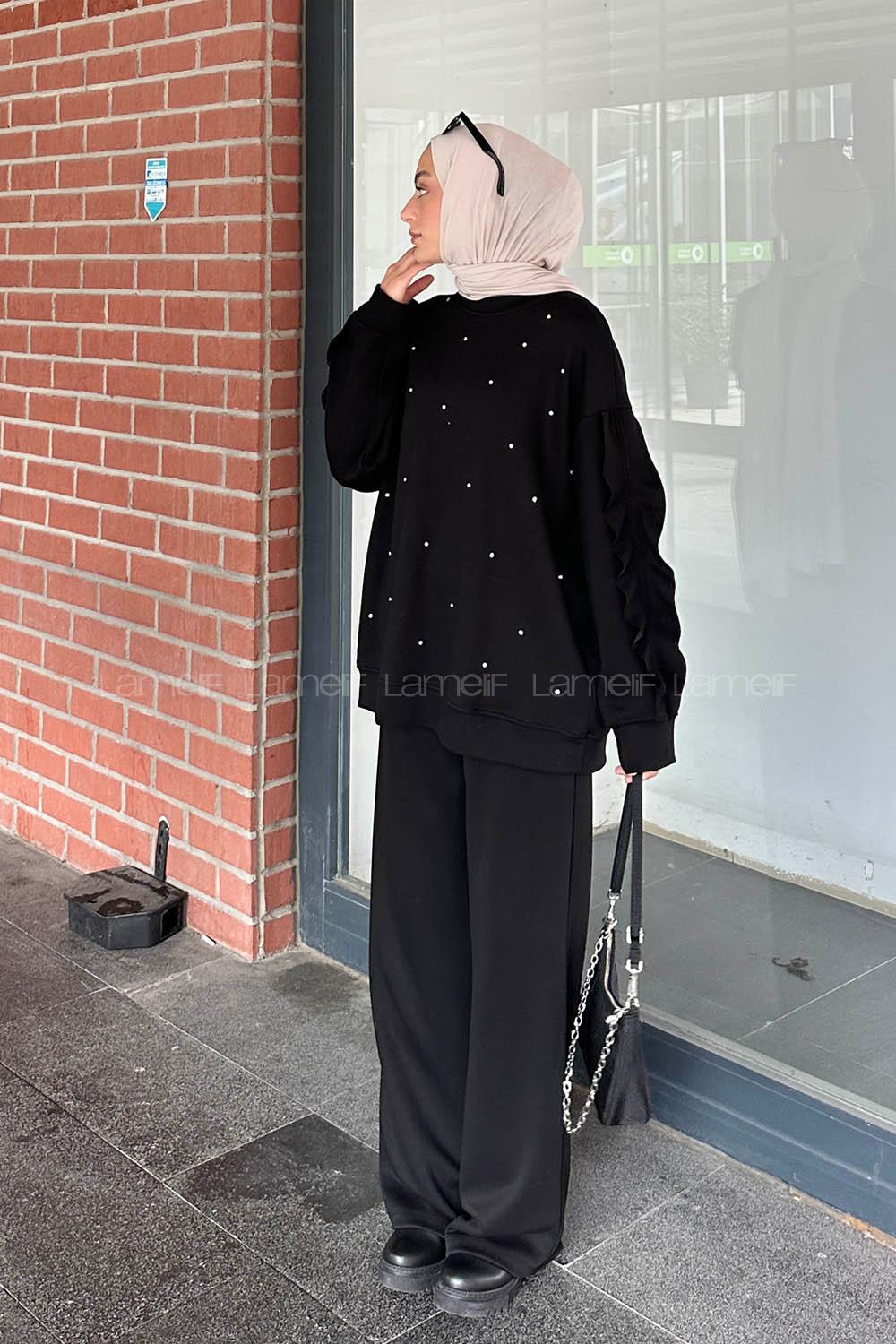 Lamelif Oysho Kumaş Kol Fırfır Detaylı Tesettür Takım Siyah