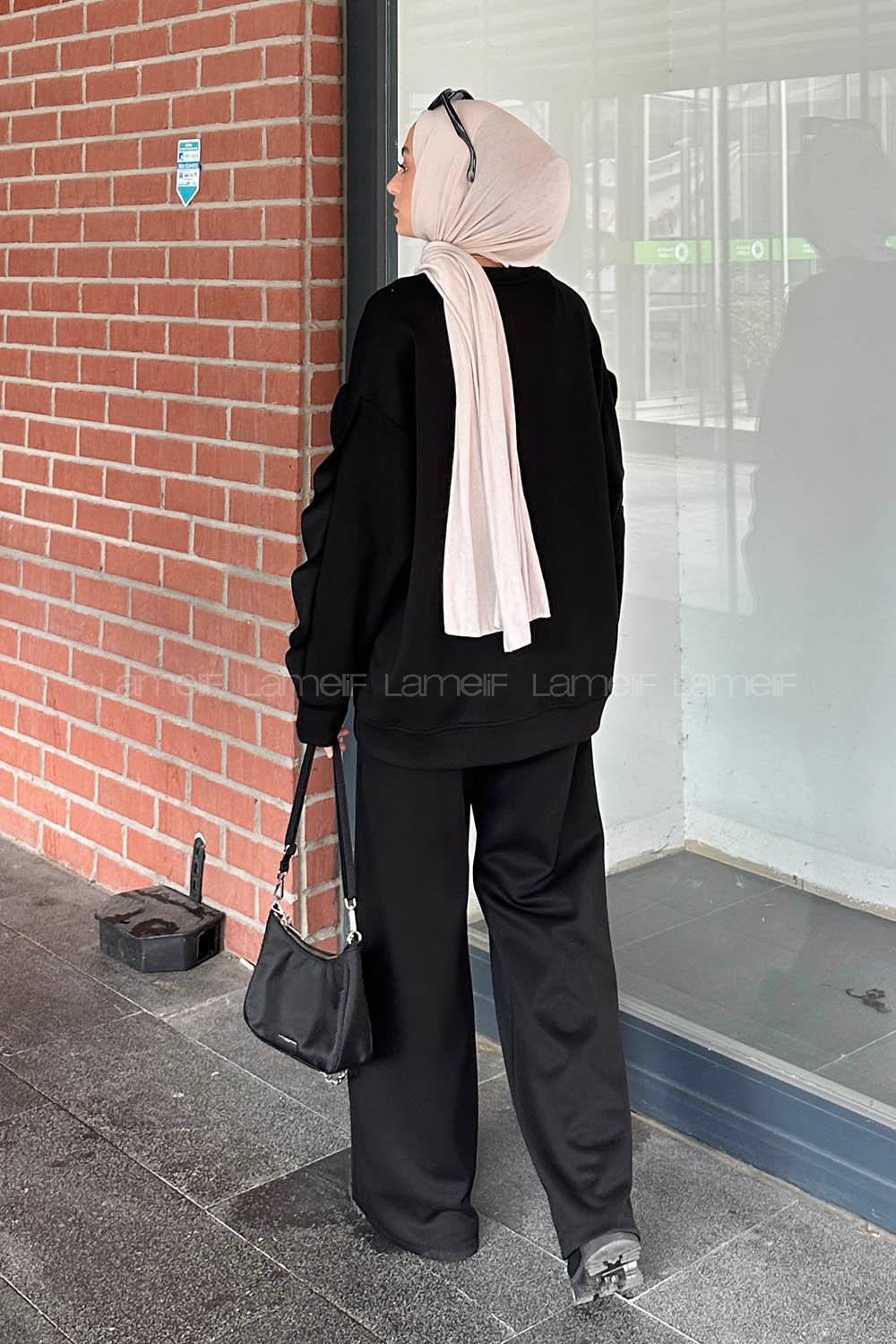 Lamelif Oysho Kumaş Kol Fırfır Detaylı Tesettür Takım Siyah