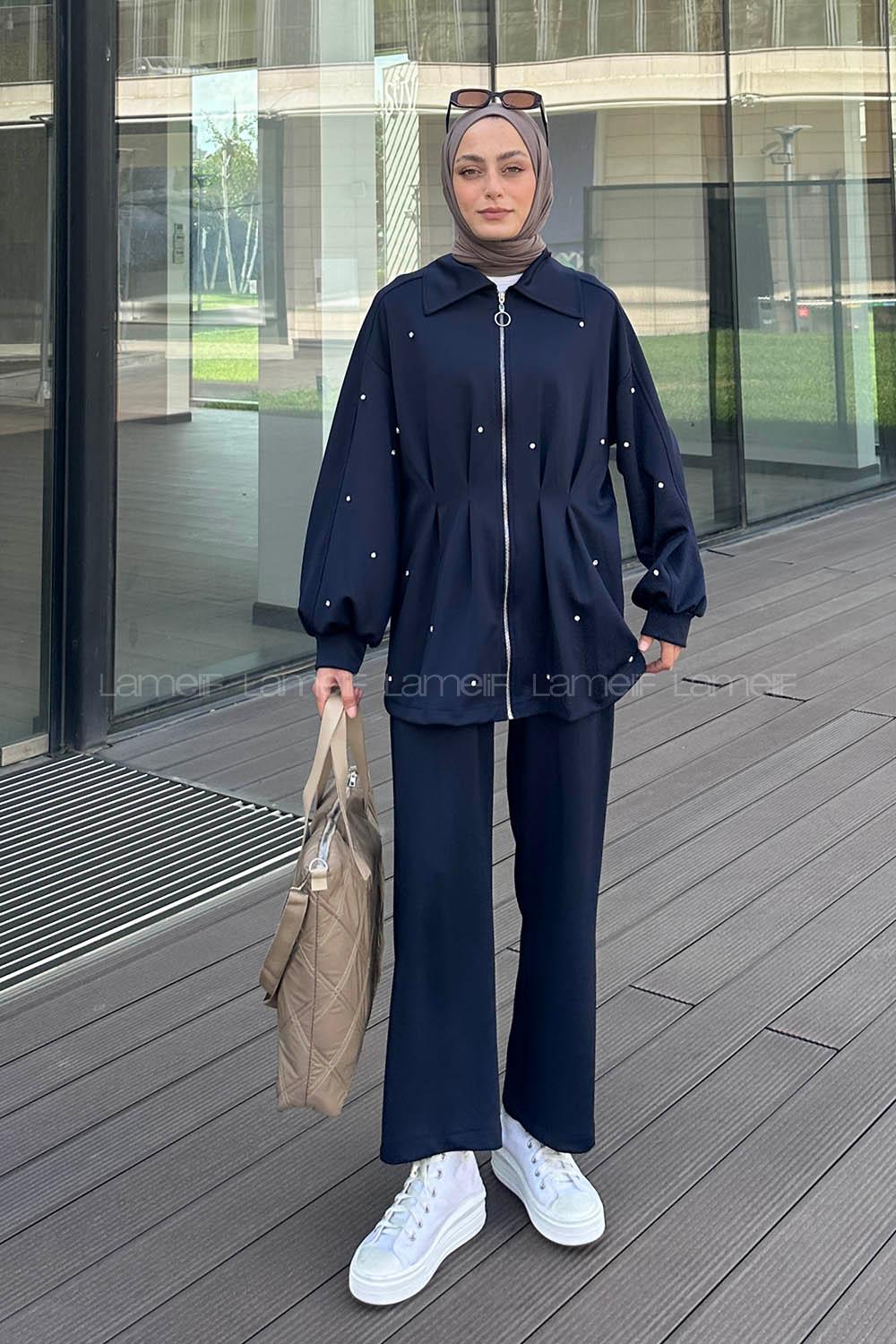 Lamelif Pileli Taş Detaylı Scuba Tesettür Takım Lacivert