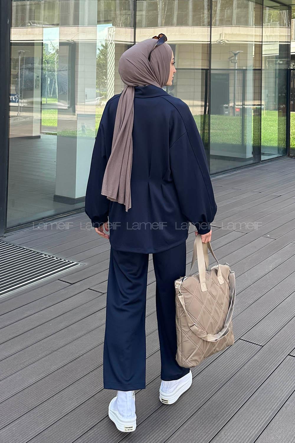 Lamelif Pileli Taş Detaylı Scuba Tesettür Takım Lacivert