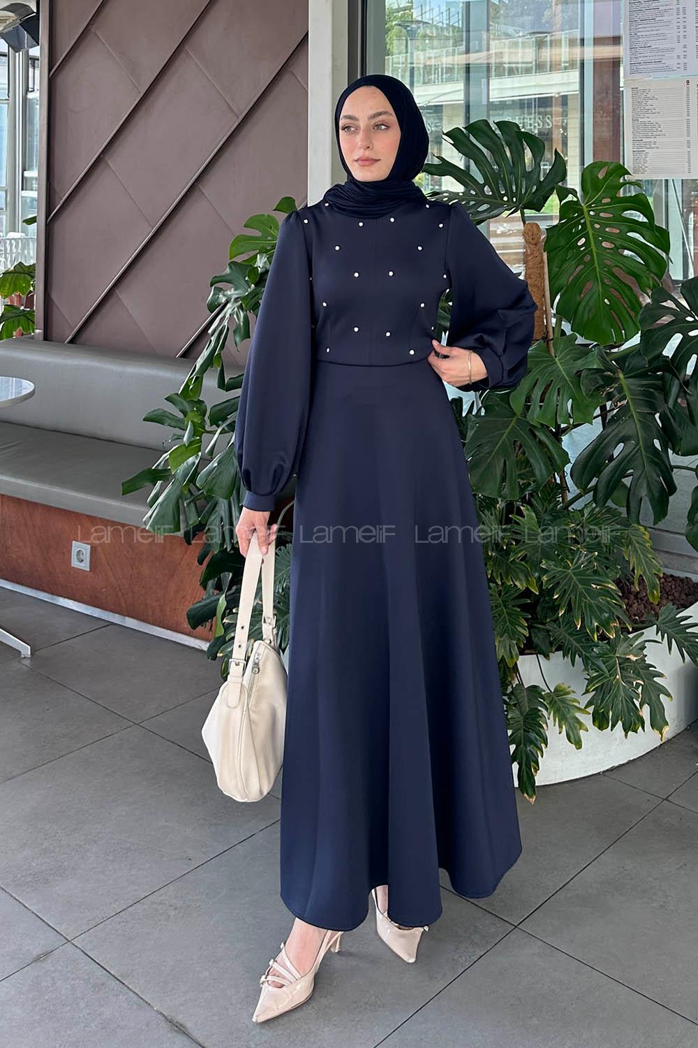 Lamelif Scuba Kumaş Taş Detaylı Tesettür Elbise Lacivert