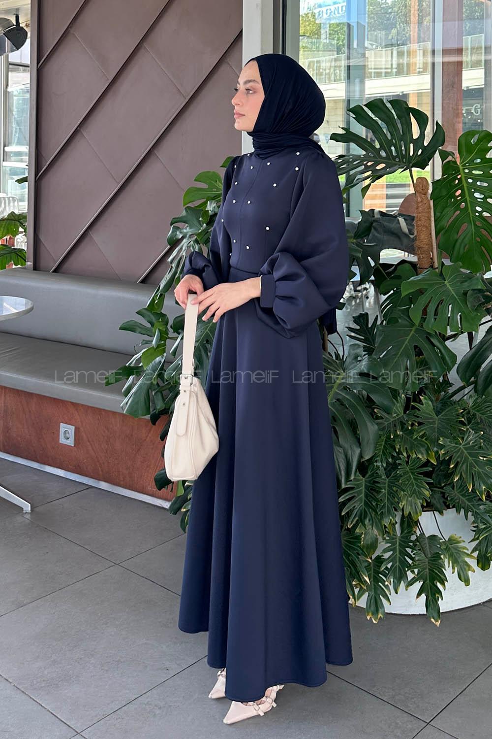 Lamelif Scuba Kumaş Taş Detaylı Tesettür Elbise Lacivert