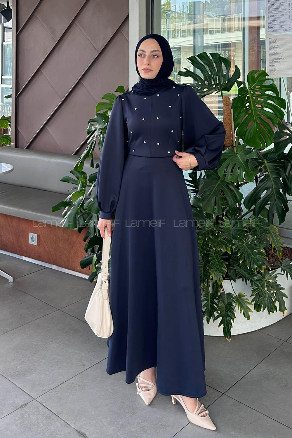 Lamelif Scuba Kumaş Taş Detaylı Tesettür Elbise Lacivert