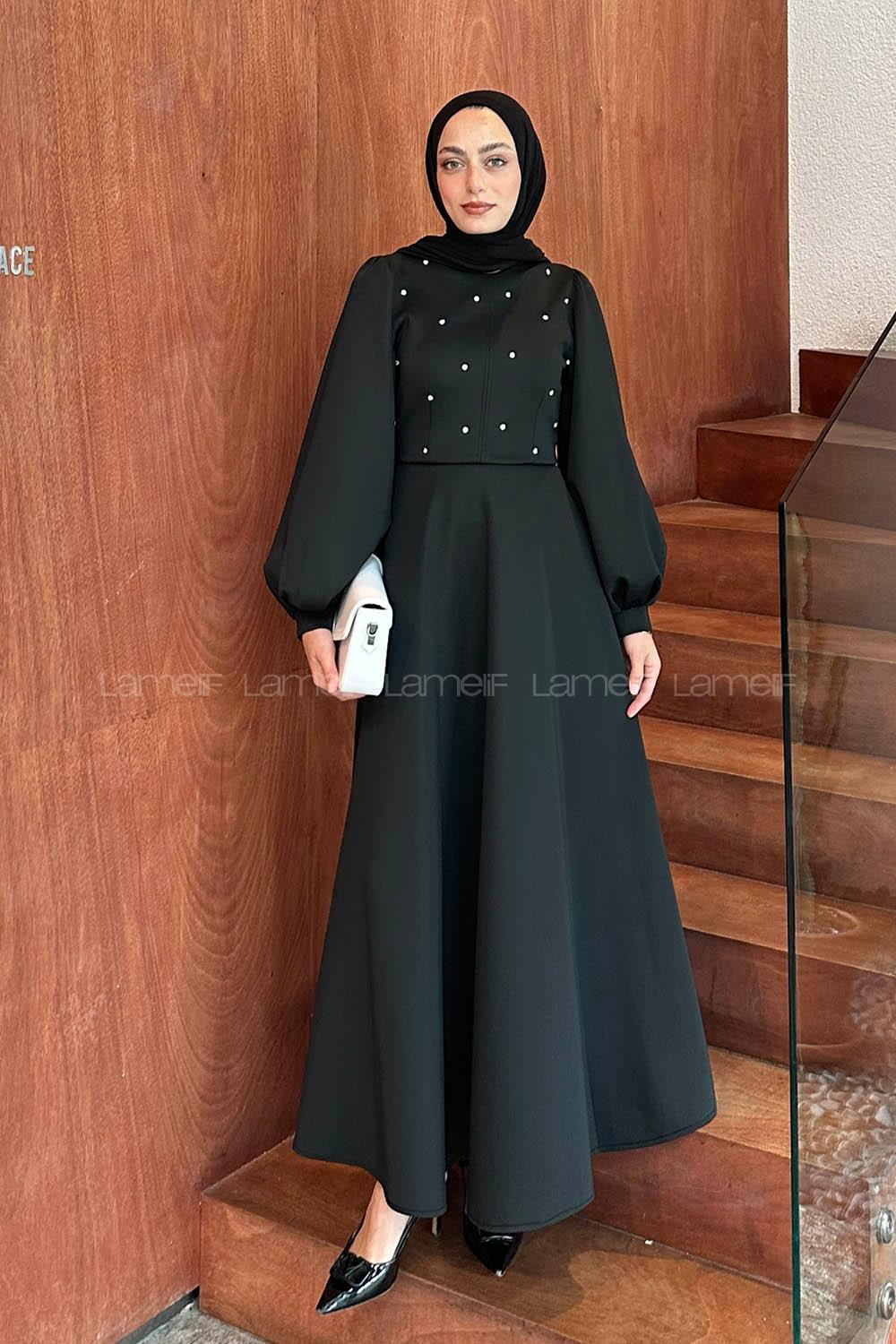 Lamelif Scuba Kumaş Taş Detaylı Tesettür Elbise Siyah
