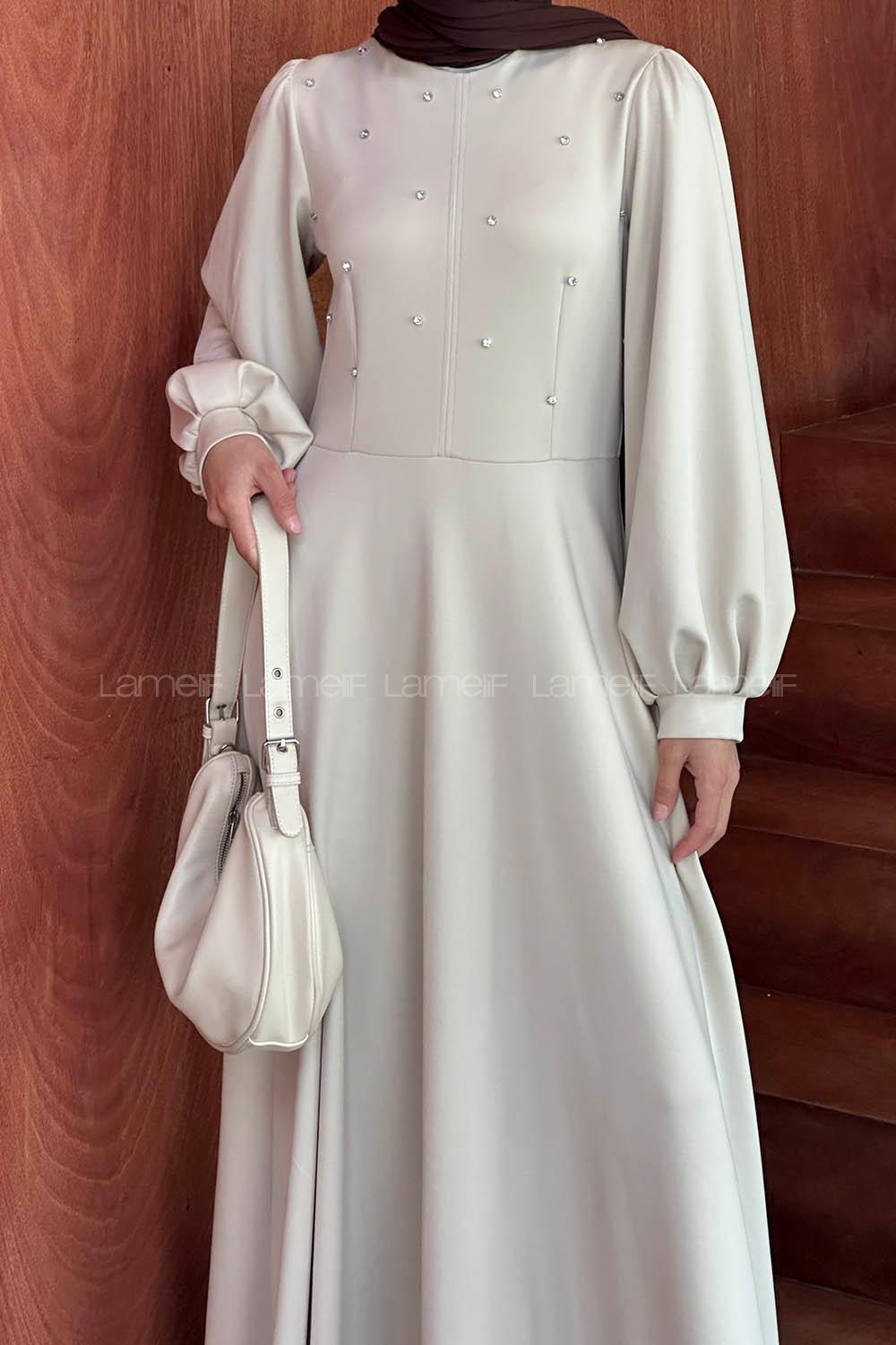 Lamelif Scuba Kumaş Taş Detaylı Tesettür Elbise Taş Rengi