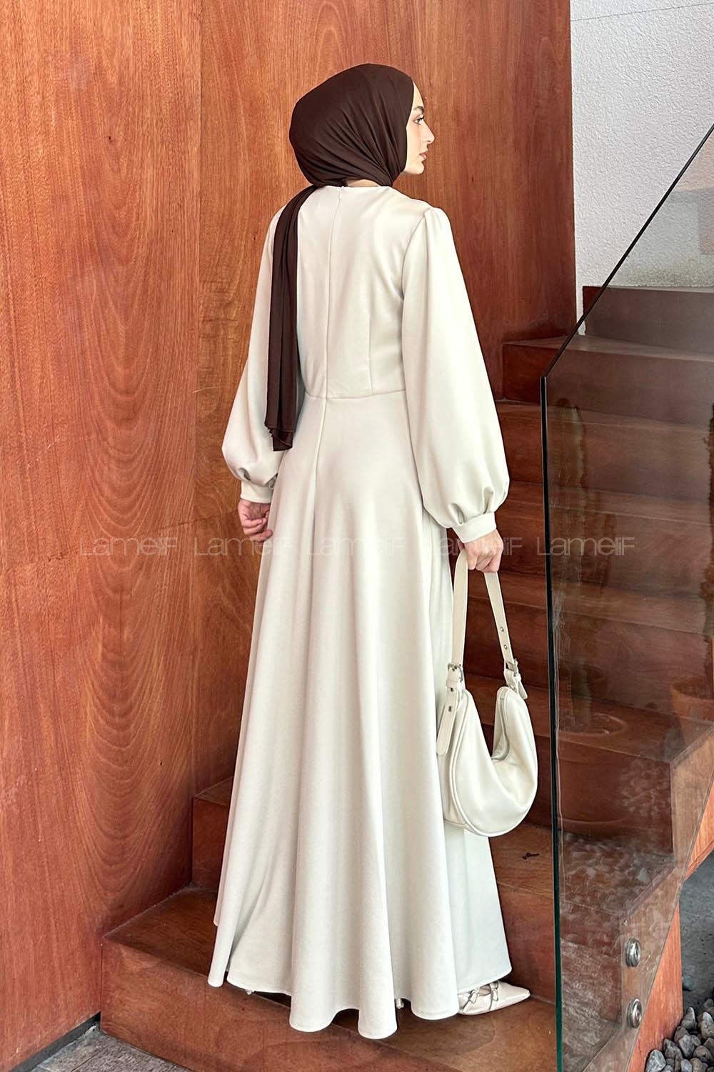 Lamelif Scuba Kumaş Taş Detaylı Tesettür Elbise Taş Rengi