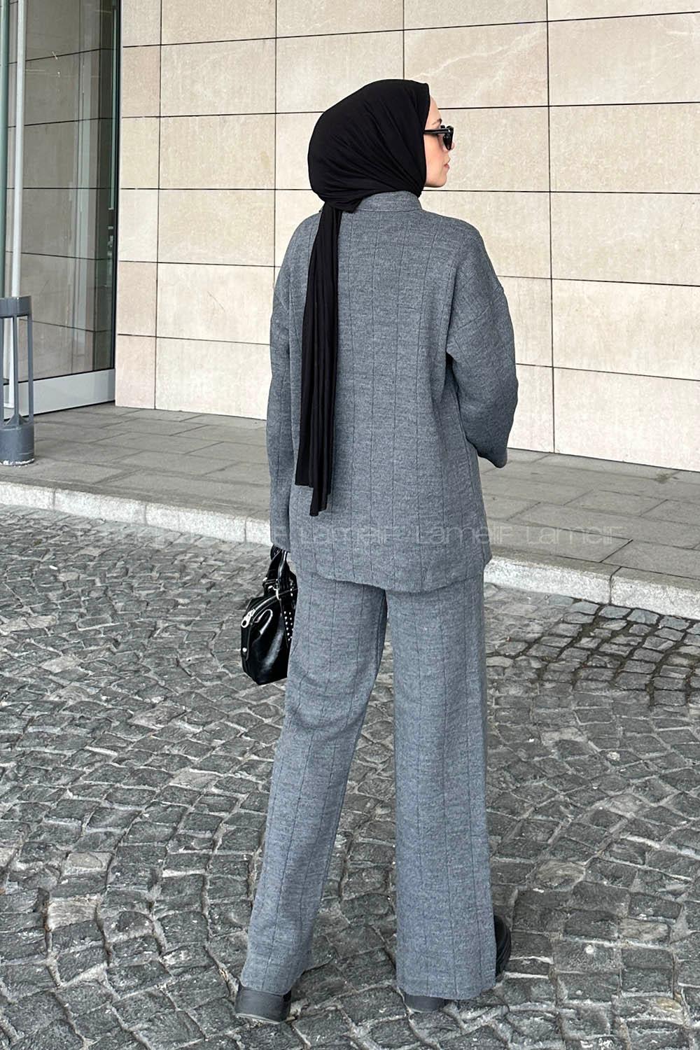 Lamelif Yaka Detay İkili Tesettür Takım Antrasit