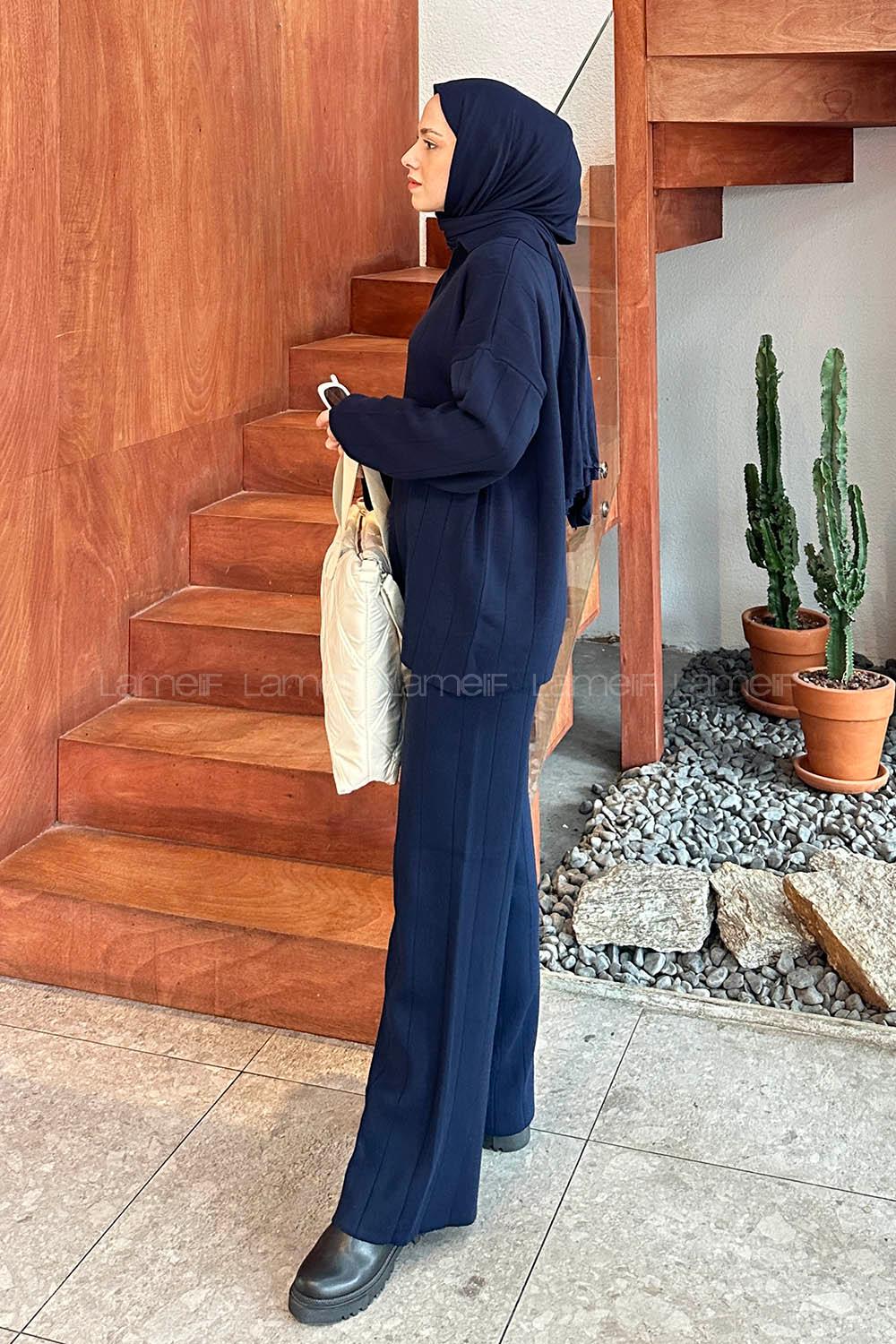 Lamelif Yaka Detay İkili Tesettür Takım Lacivert
