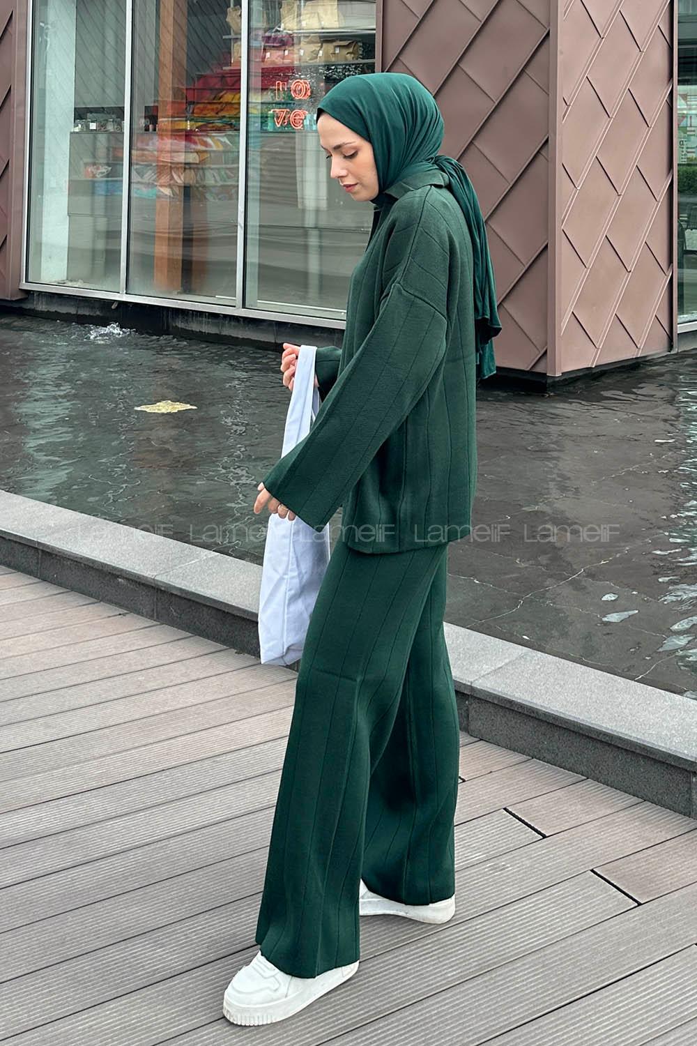 Lamelif Yaka Detay İkili Tesettür Takım Zümrüt