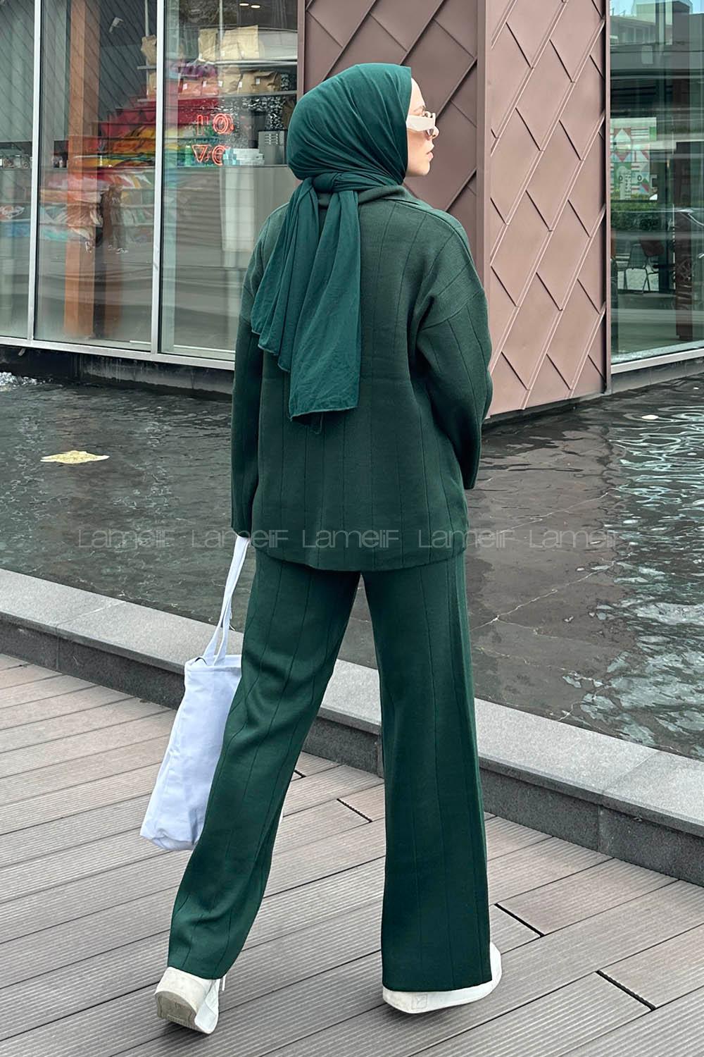 Lamelif Yaka Detay İkili Tesettür Takım Zümrüt