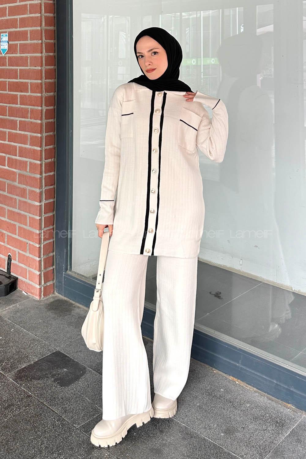 Ecru Shirt Collar Long Arm Knitwear Regular Trousers Comfortable Suit
