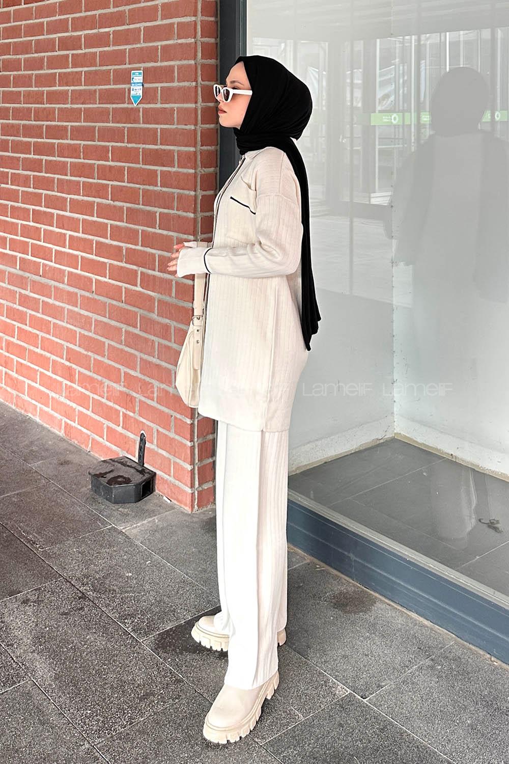 Ecru Shirt Collar Long Arm Knitwear Regular Trousers Comfortable Suit