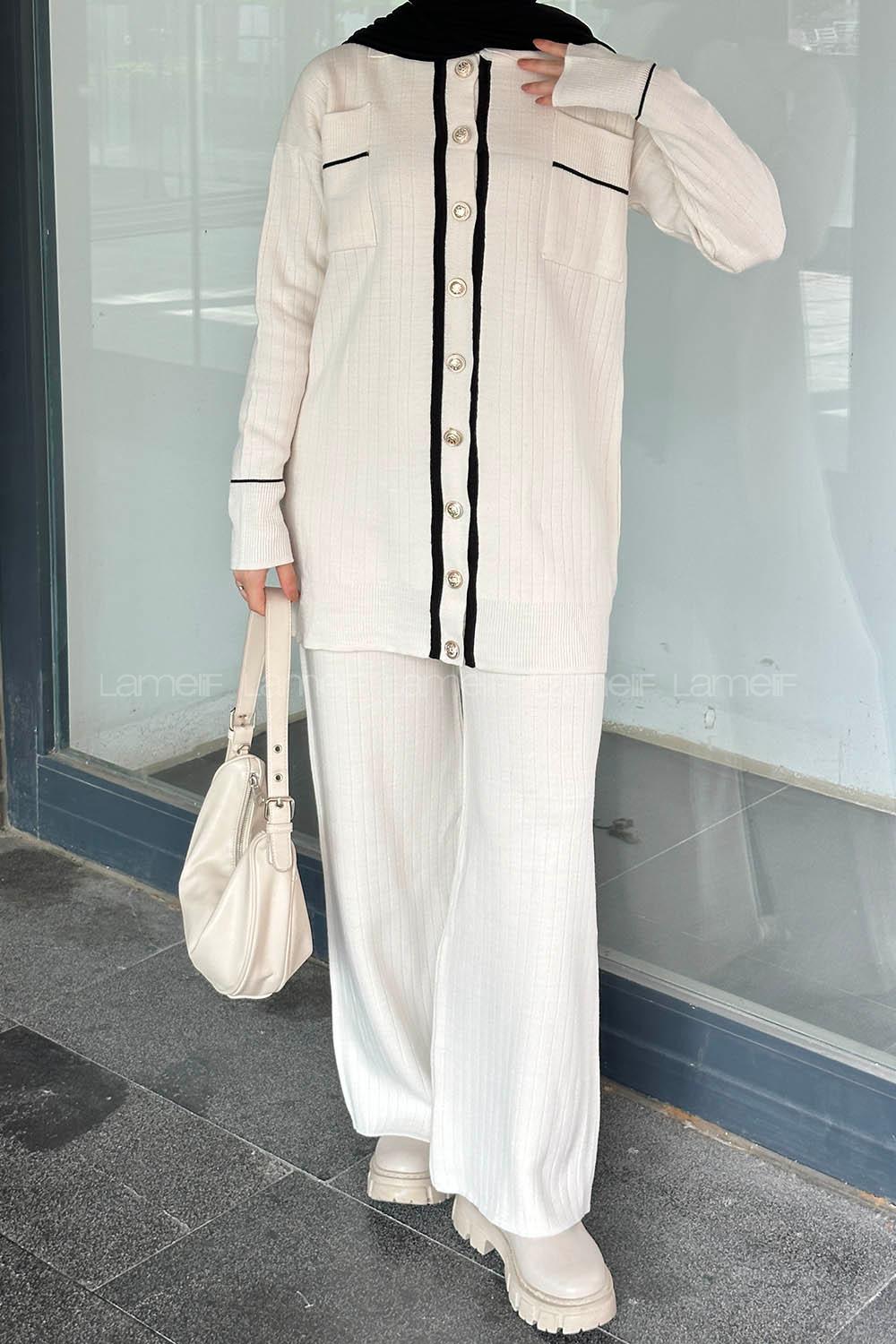 Ecru Shirt Collar Long Arm Knitwear Regular Trousers Comfortable Suit