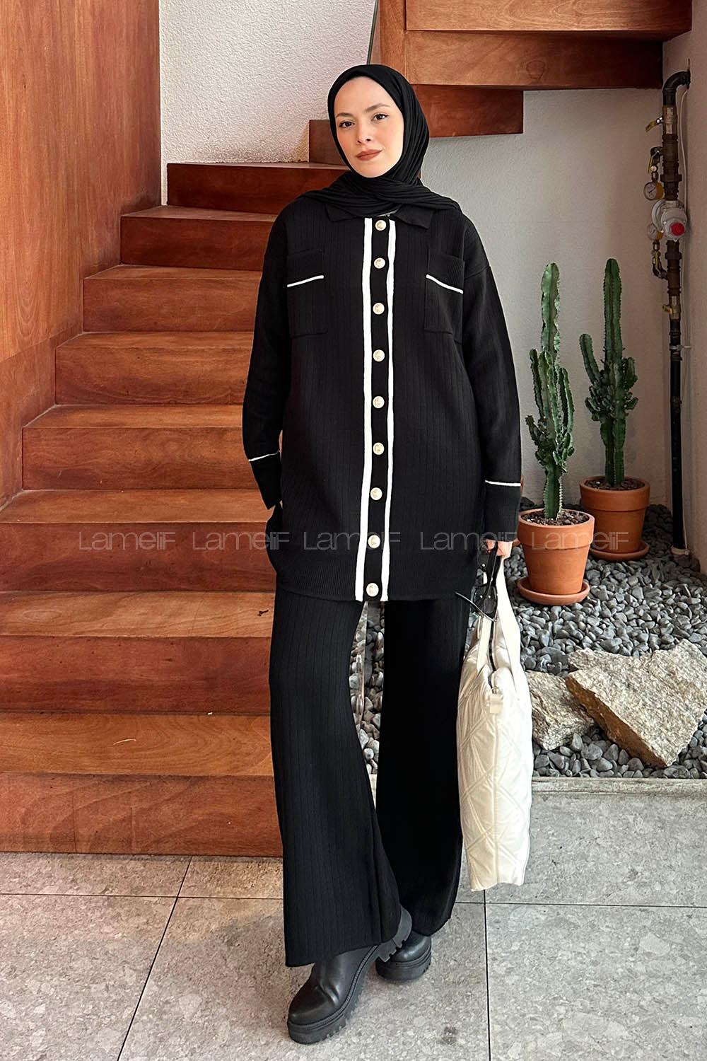 Lamelif Cep Detaylı Garnili Triko Tesettür Takım Siyah
