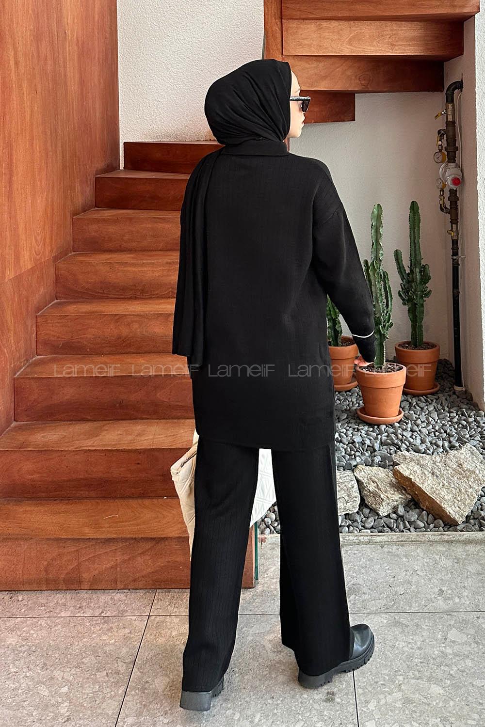 Lamelif Cep Detaylı Garnili Triko Tesettür Takım Siyah