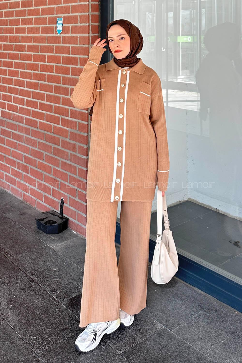 Brown With Milk Shirt Collar Long Arm Knitwear Regular Trousers Comfortable Suit