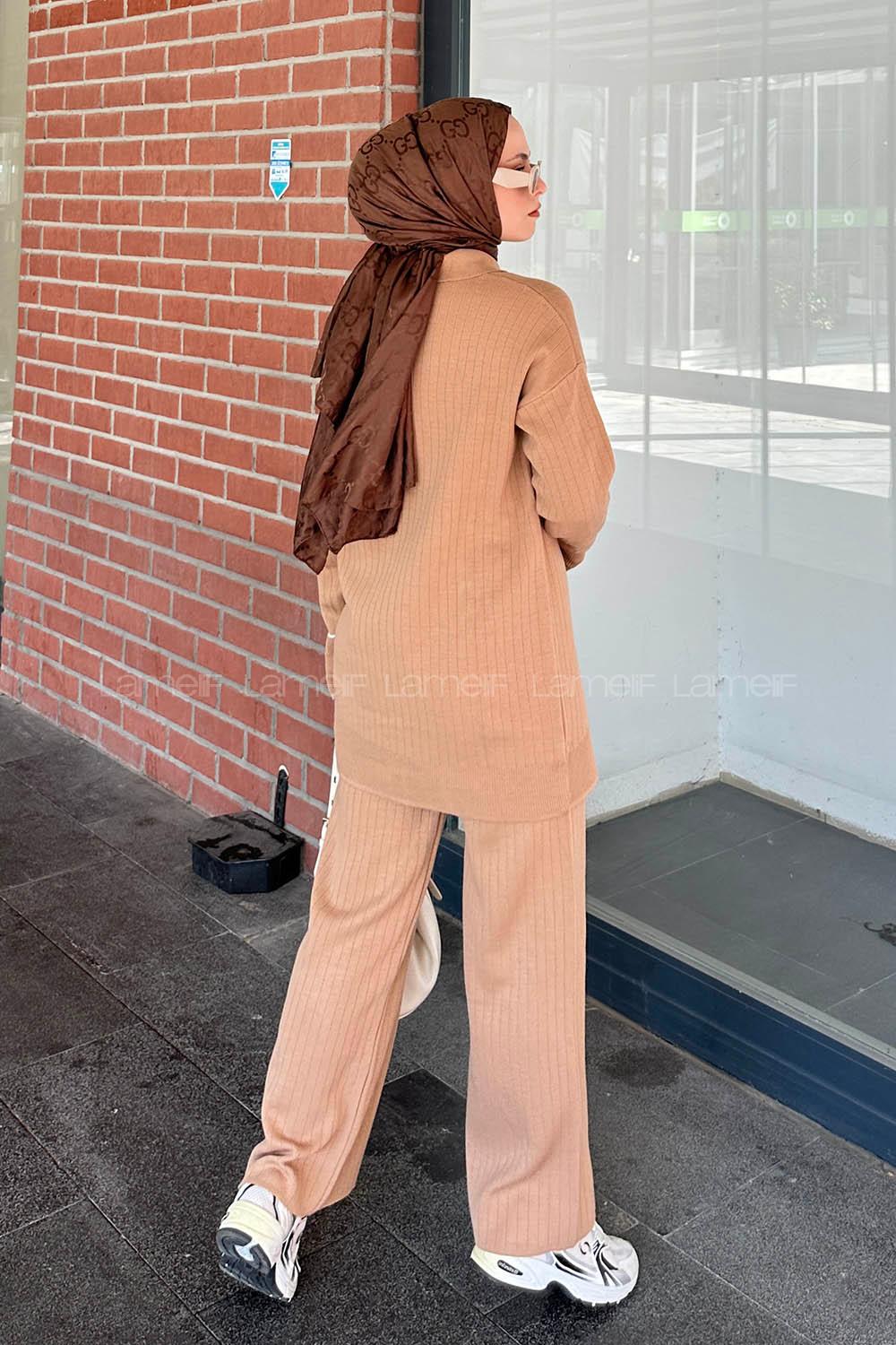 Brown With Milk Shirt Collar Long Arm Knitwear Regular Trousers Comfortable Suit