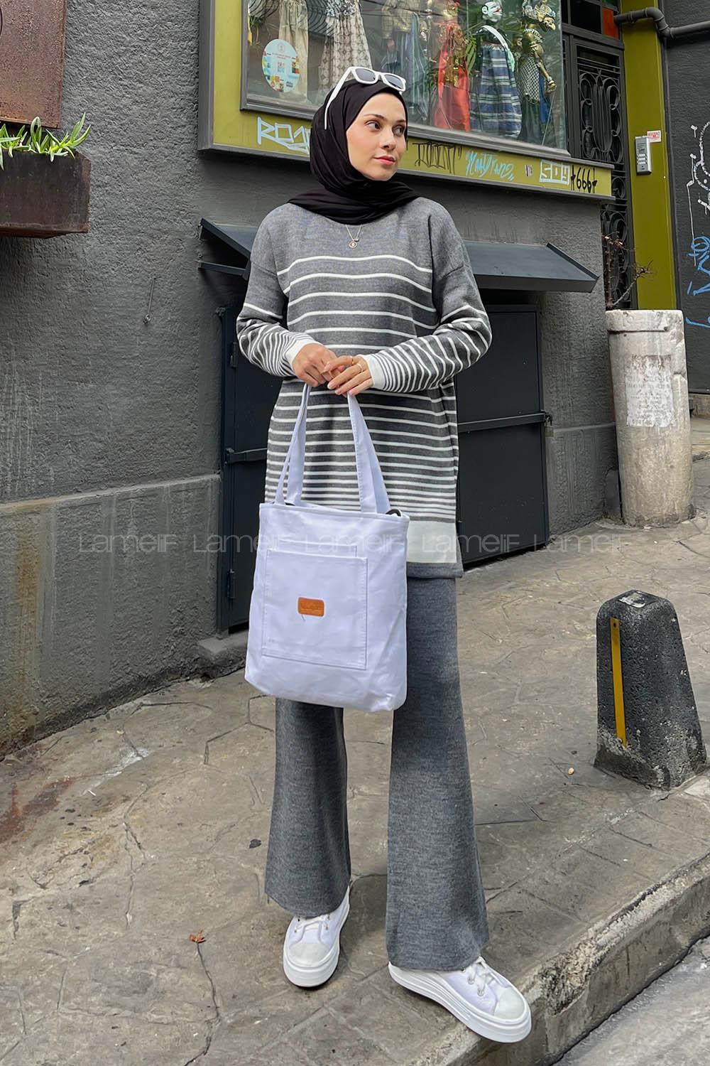 Lamelif Çizgili Triko Tesettür Takım Gri