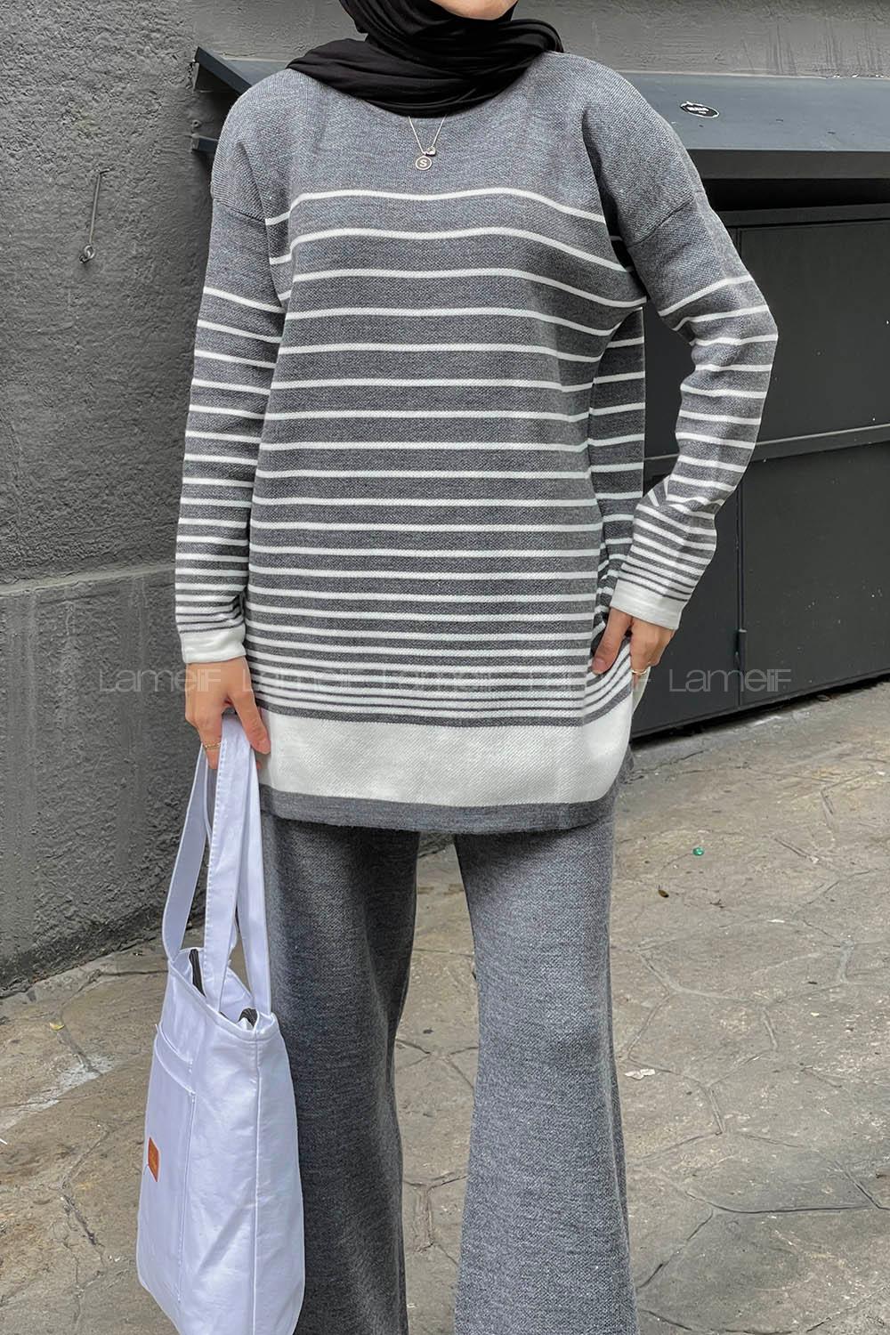 Lamelif Çizgili Triko Tesettür Takım Gri