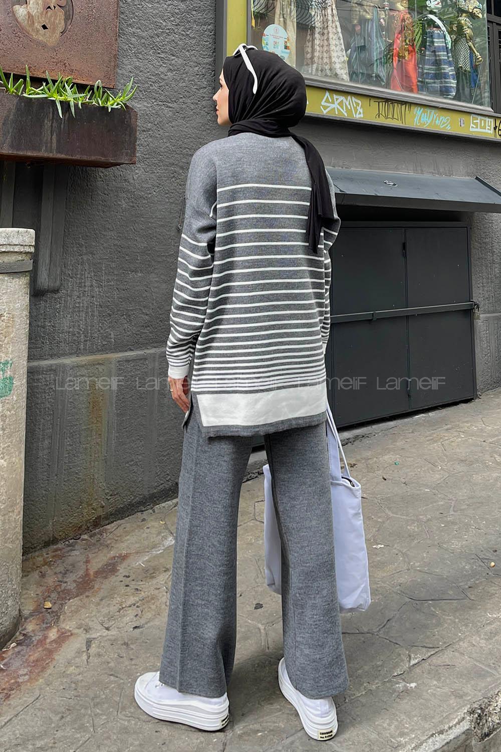 Lamelif Çizgili Triko Tesettür Takım Gri