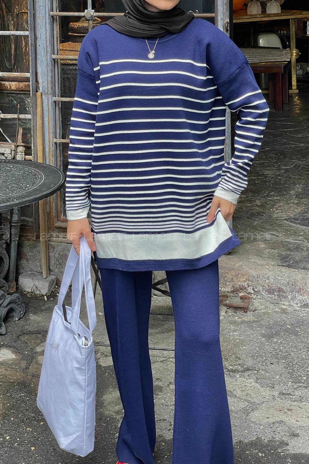 Lamelif Çizgili Triko Tesettür Takım Lacivert