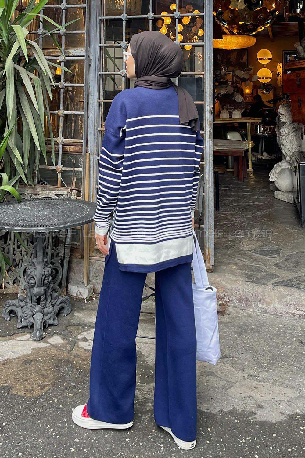Lamelif Çizgili Triko Tesettür Takım Lacivert