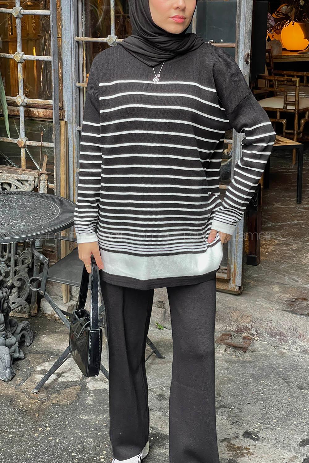 Lamelif Çizgili Triko Tesettür Takım Siyah