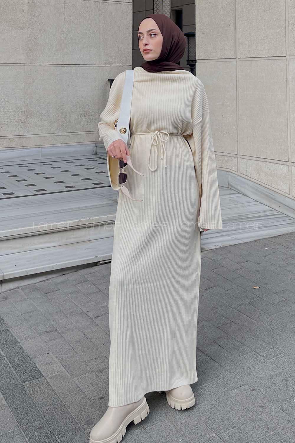 Lamelif Fitilli Triko Tesettür Elbise Ekru