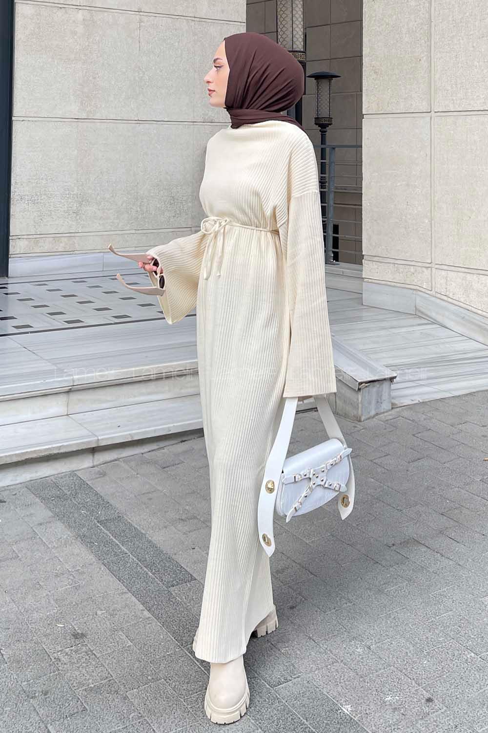 Lamelif Fitilli Triko Tesettür Elbise Ekru