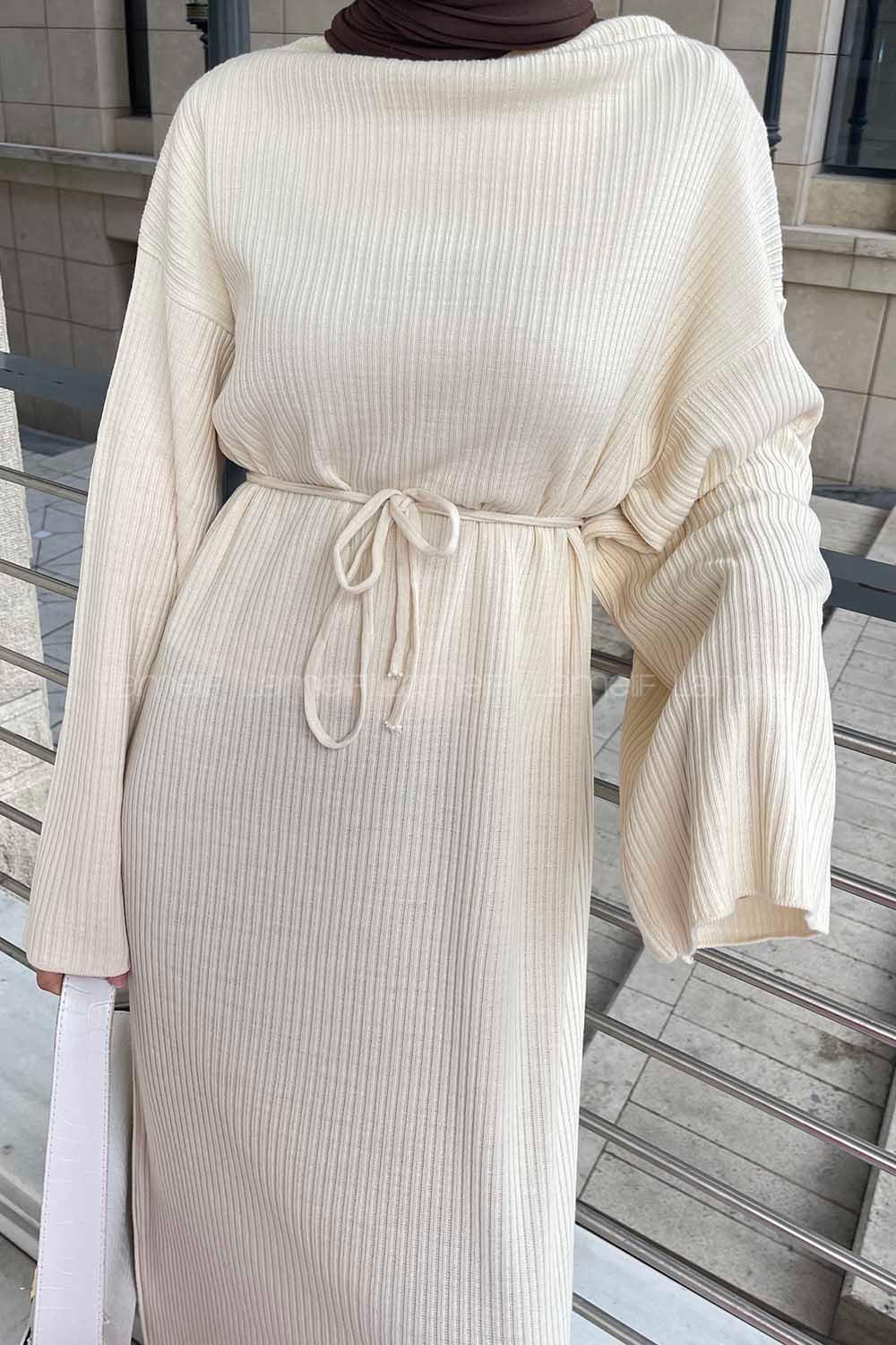 Lamelif Fitilli Triko Tesettür Elbise Ekru