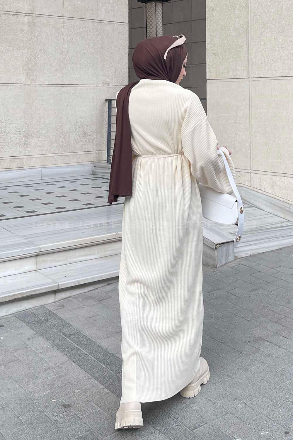 Lamelif Fitilli Triko Tesettür Elbise Ekru