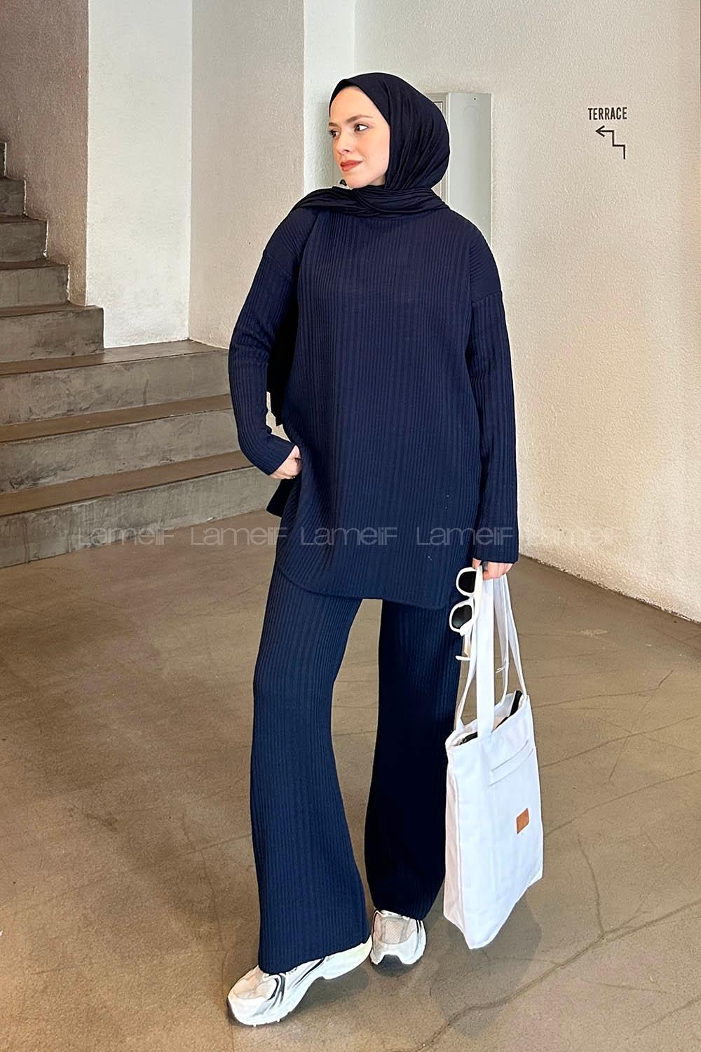 Lamelif  Fitilli Triko Tesettür Takım Lacivert