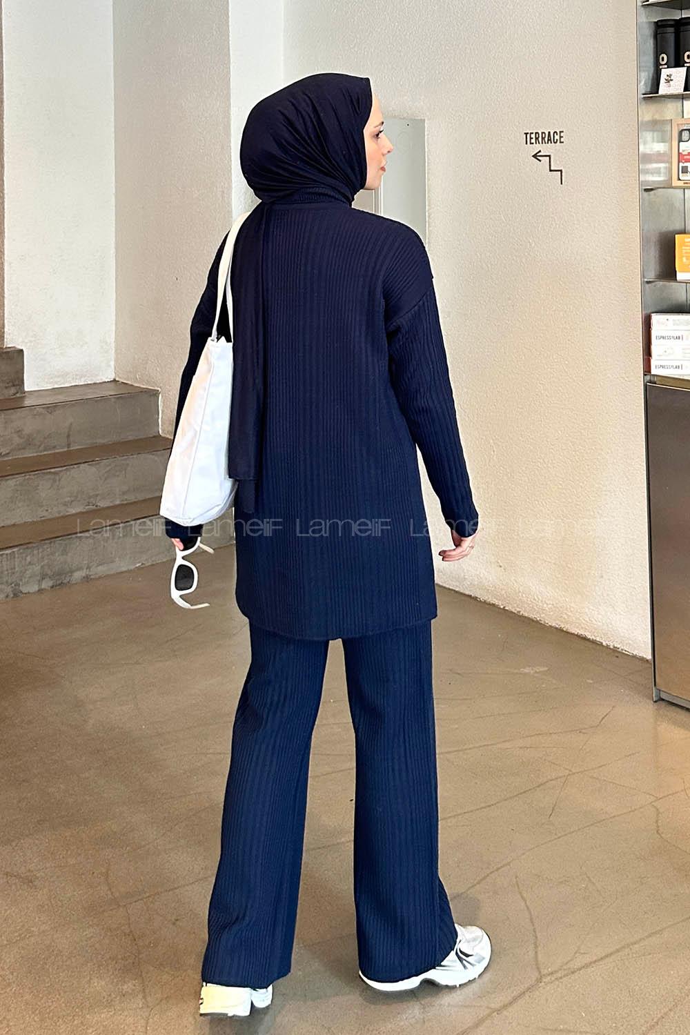 Lamelif  Fitilli Triko Tesettür Takım Lacivert